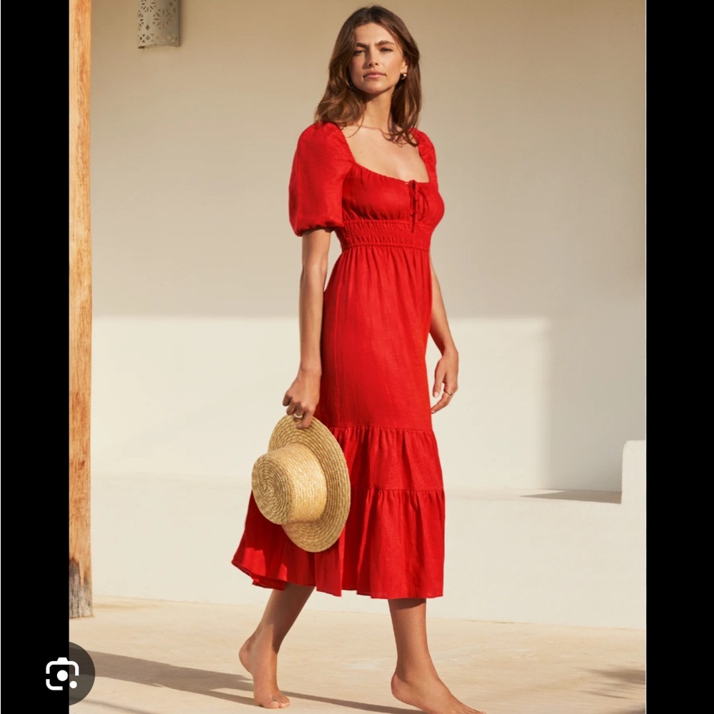 EVER NEW SIZE 4 petite Josephine Tiered Midi Dress‎ Rebellious Red 100% linen